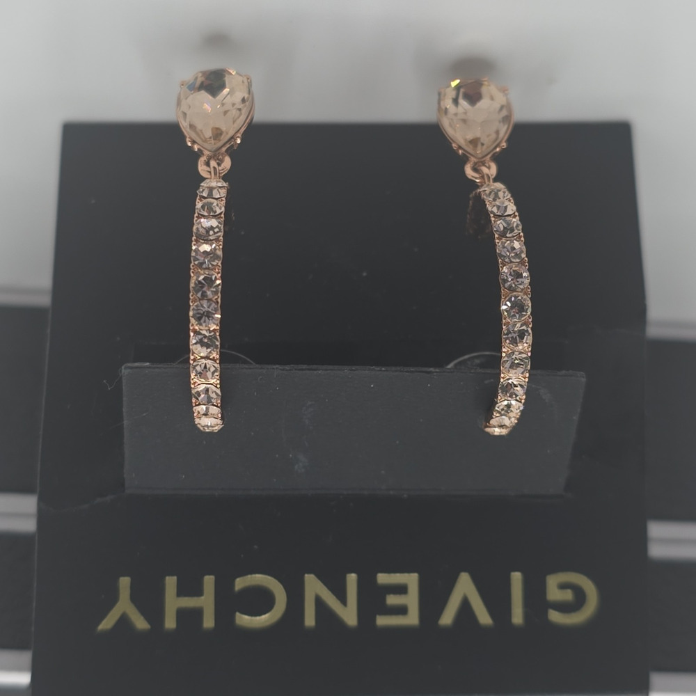 Givenchy Rose Gold Plated Crystal Hoop Earrings Champagne Teardrop Dangle